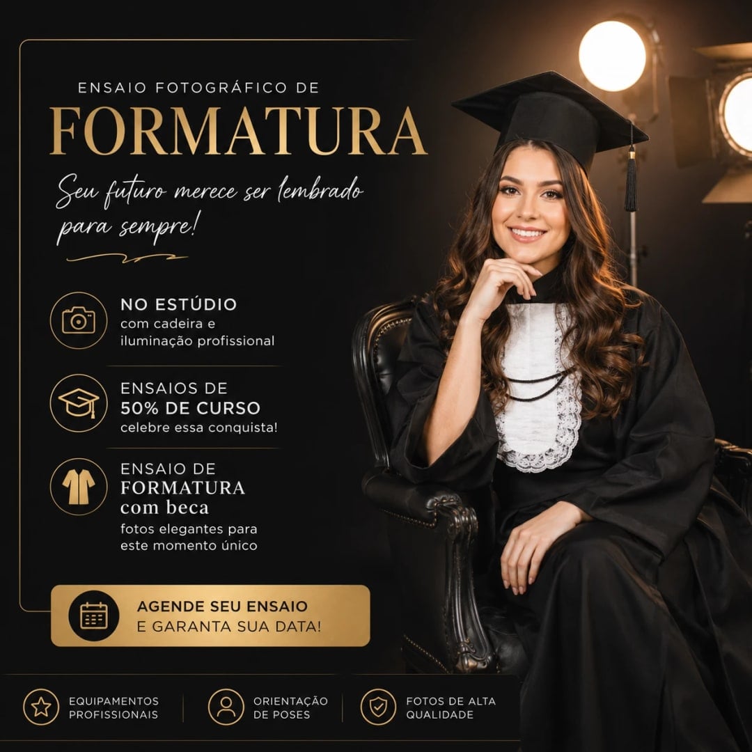 Ensaio de formatura no estúdio — modelo editável da categoria Formaturas e eventos